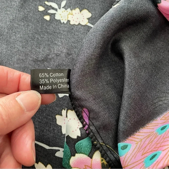 Vintage Satin Robe Black With Peacock One Size Pink Light Blue Green - Picture 4 of 9